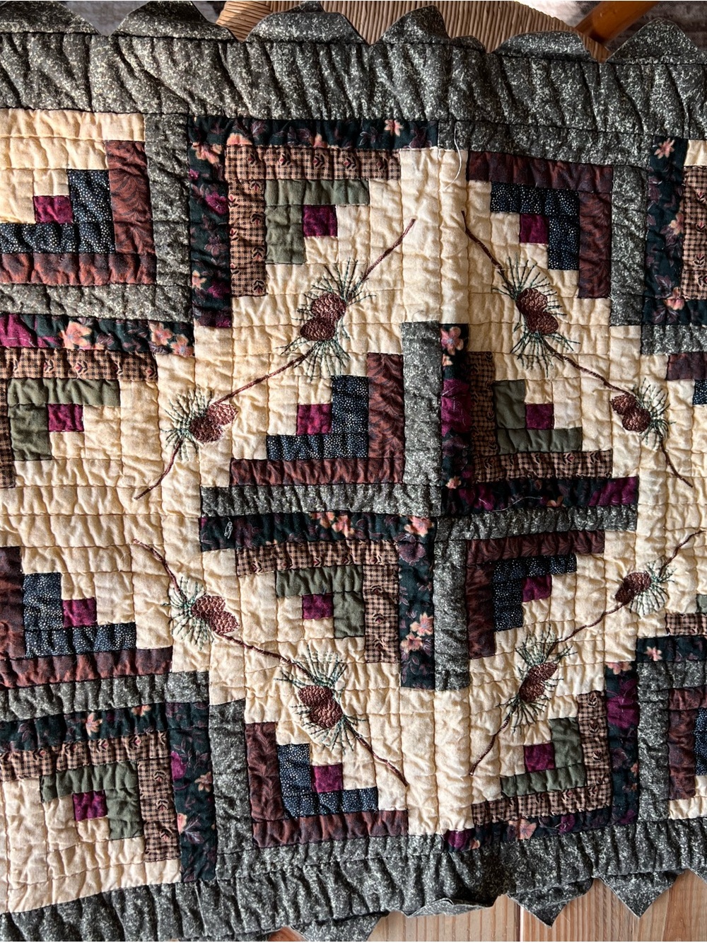 Vintage Cottage Core Quilted Pillowcase Set in Cream, Green, Burgundy and Brown
